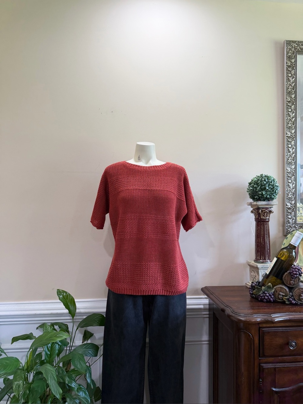Lafayette 148 New Short-Sleeve Knit Sweater in Rust Red